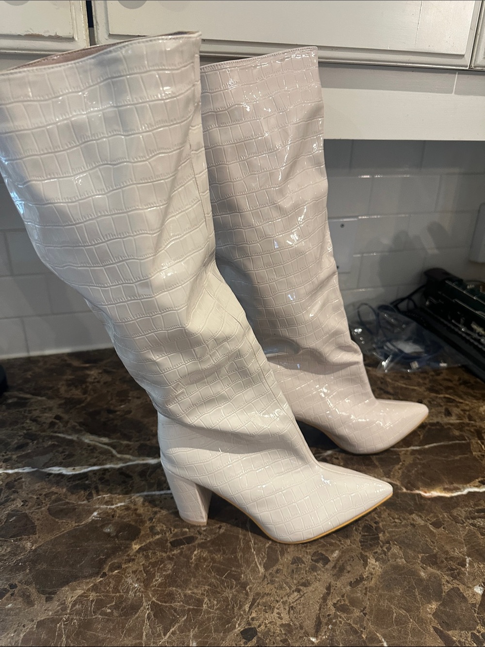 Patent Croc-Embossed Knee-High Block Heel Boots in Cream